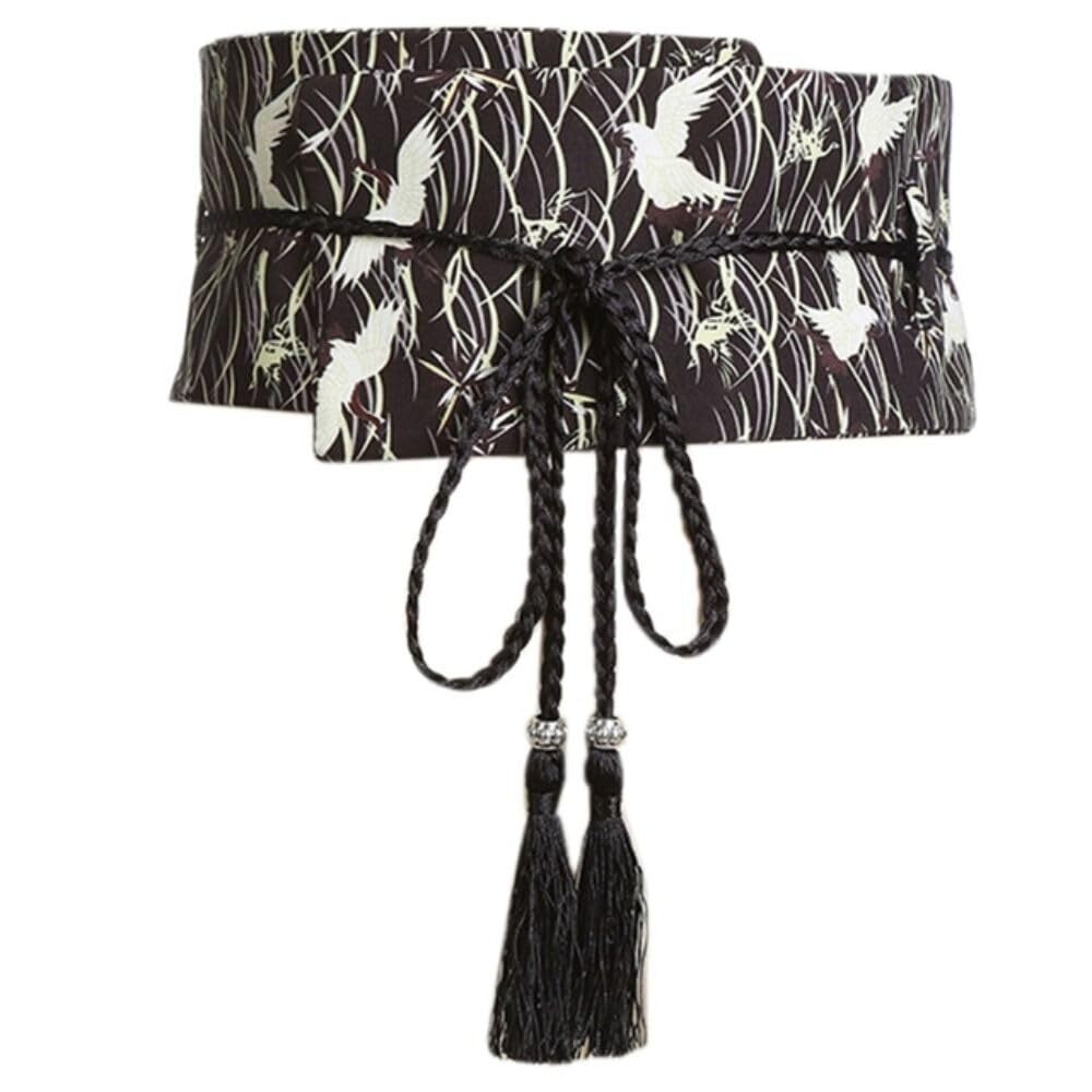 Black Printed Obi-Style Tassel Tie Belt